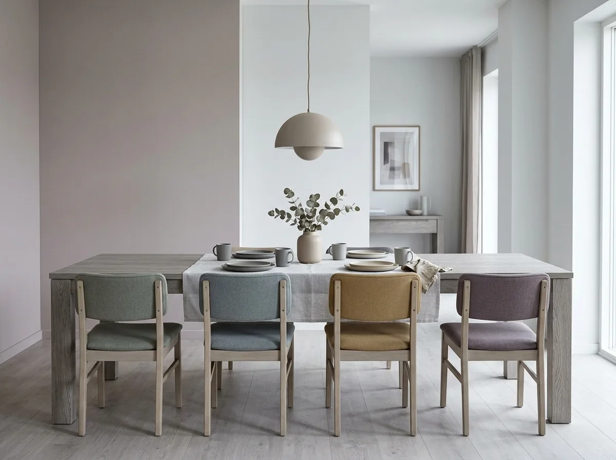 Morandi • Dining Room: Gray-Pink Walls and Monochromatic Chairs