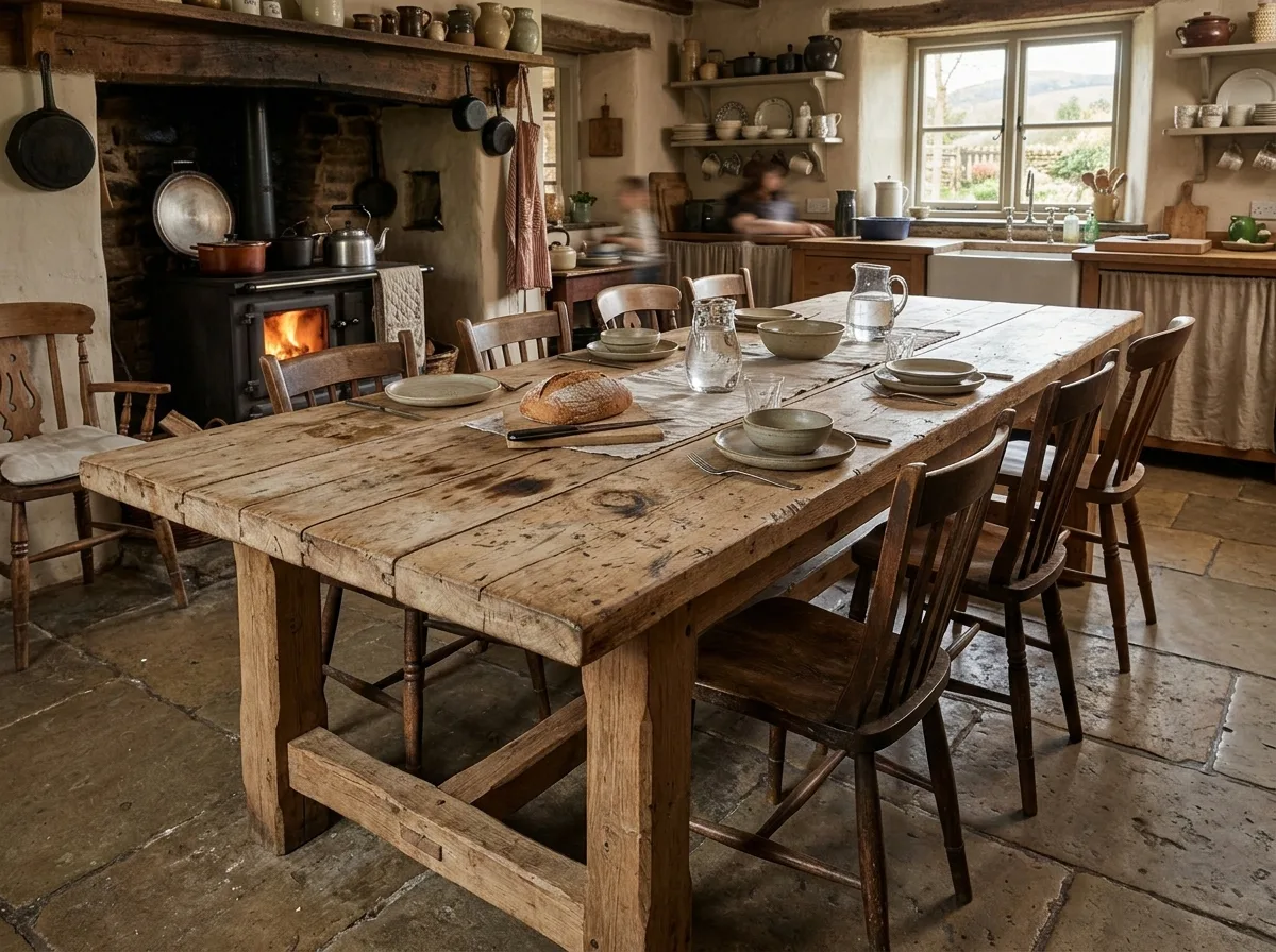 Farmhouse long table: three meters long, unvarnished top