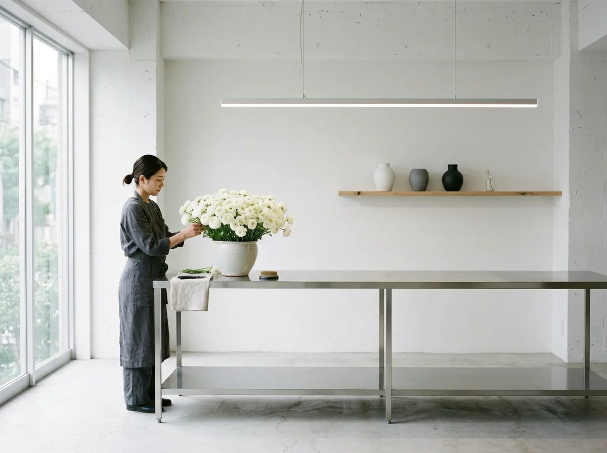 Minimalist Floral Studio: White Walls, Single Flower Species, and Negative Space