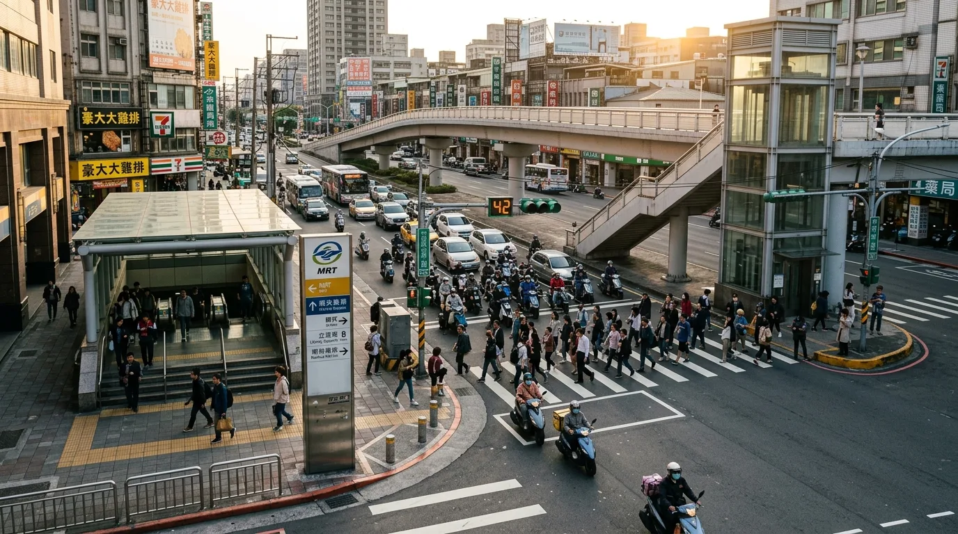 高架橋と地下道が共存する交差点：3つの横断方法