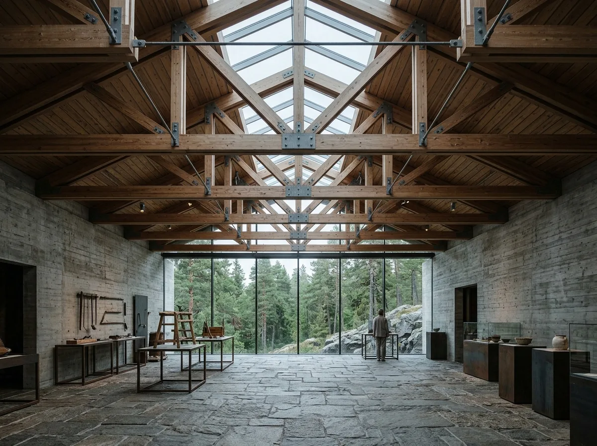 Exhibition Space Under Timber Structure: Skylights, Stone, and Exposed Joints