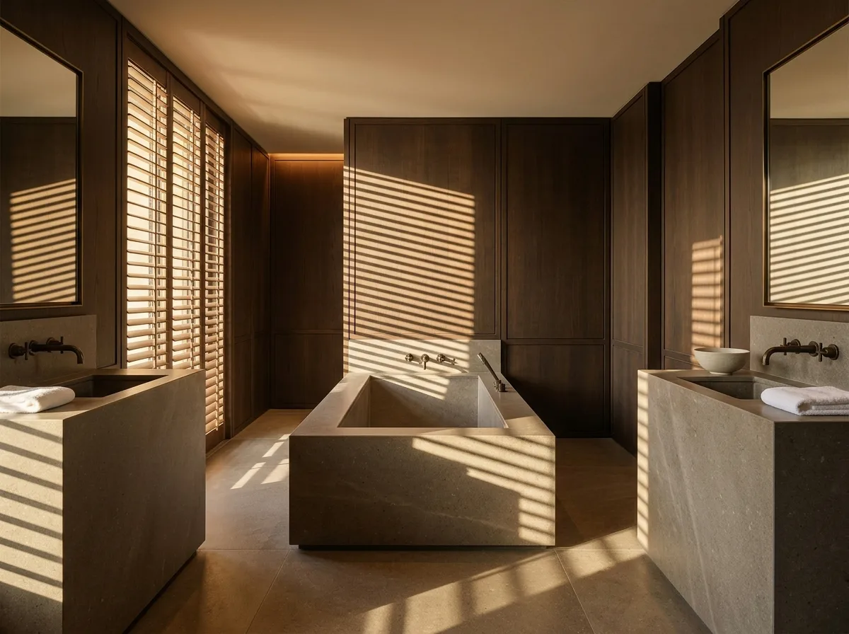 Guest Room Bathroom: Stone Trough, Wood Lattice, and Exterior Light