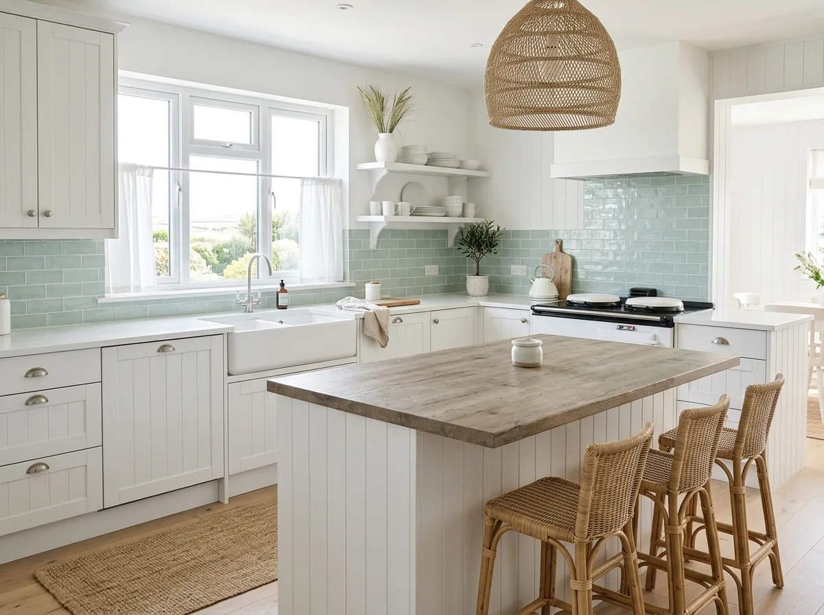 Coastal Kitchen: White Shaker Cabinets & Sea Glass Tile