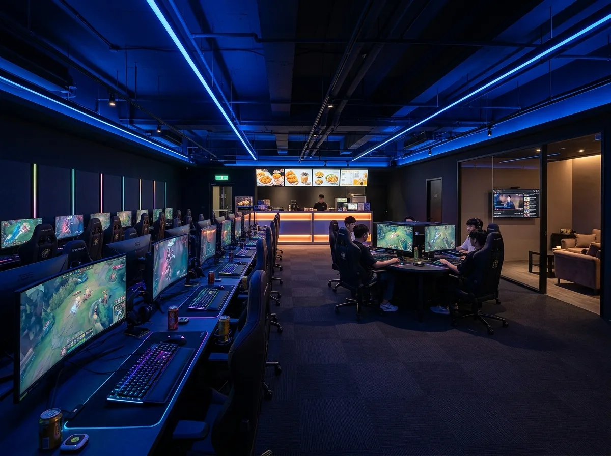 eスポーツアリーナ：コンピューター座席と照明ゾーン