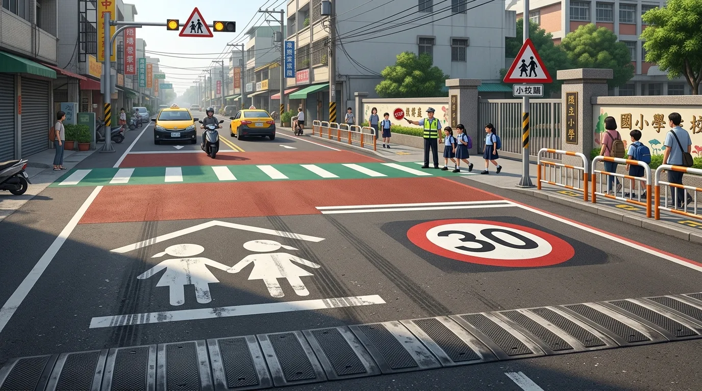 学区地面标识：减速标志与路面彩绘
