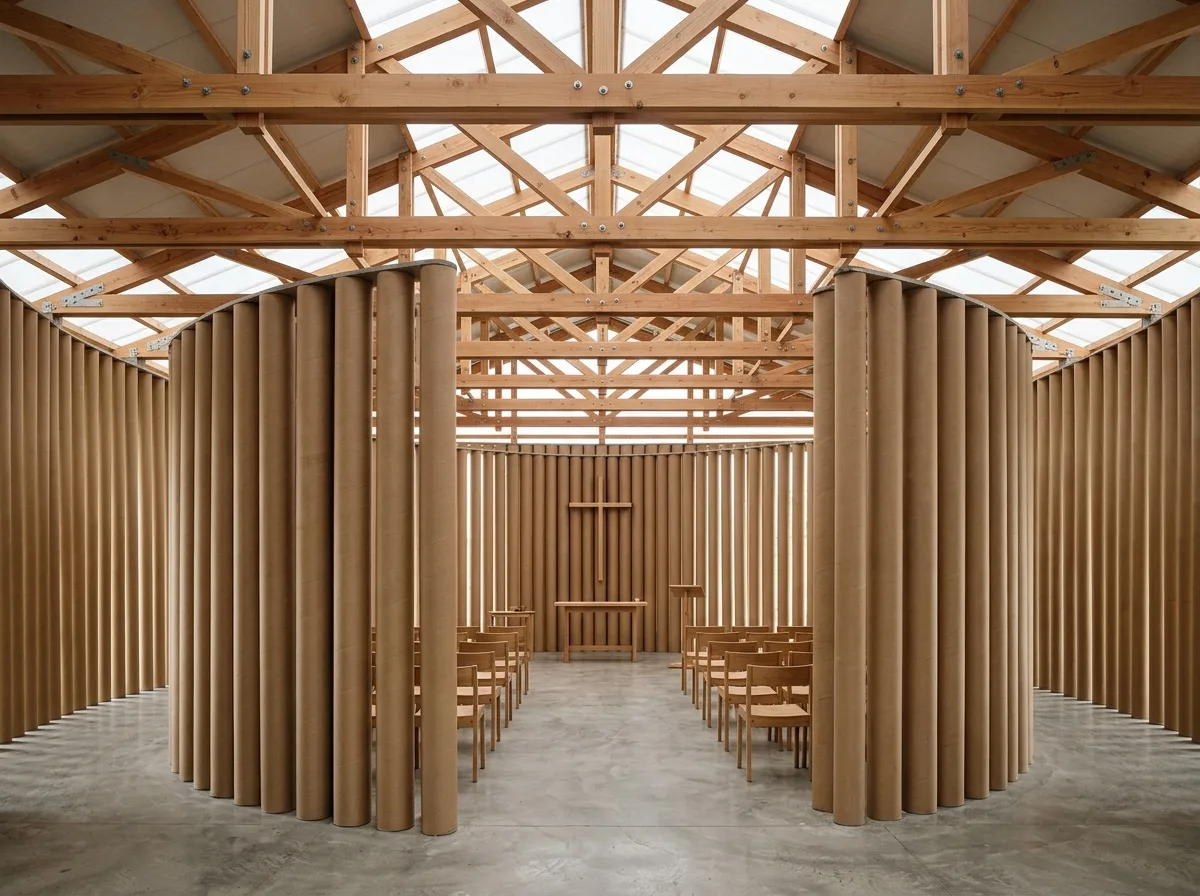 Paper Tube Church Interior: Readable Structure and Quiet Dignity