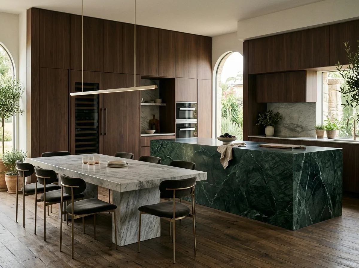 Italian Light Luxury · Kitchen/Dining Room: Stone-clad island