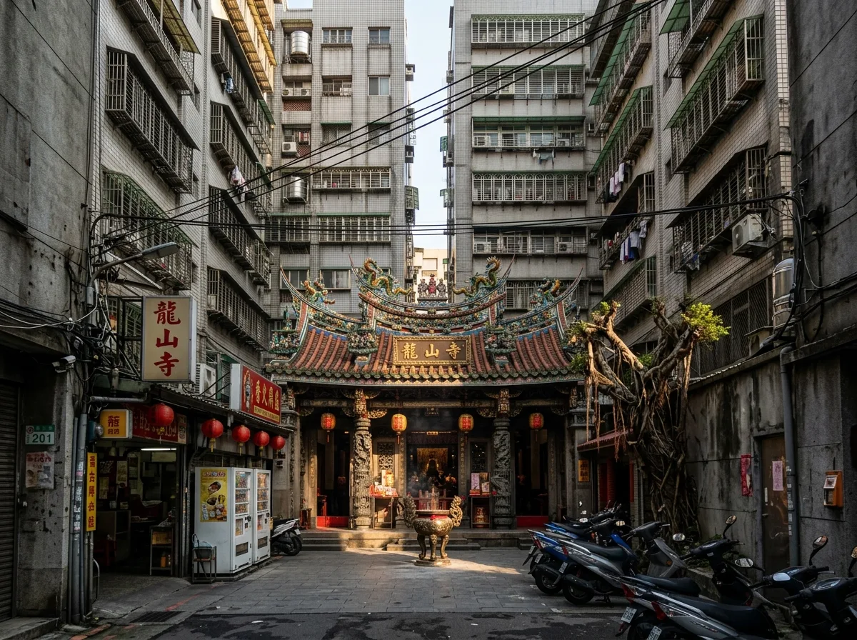 Temple in Urban Crevices: Temple Courtyard Surrounded by Architecture