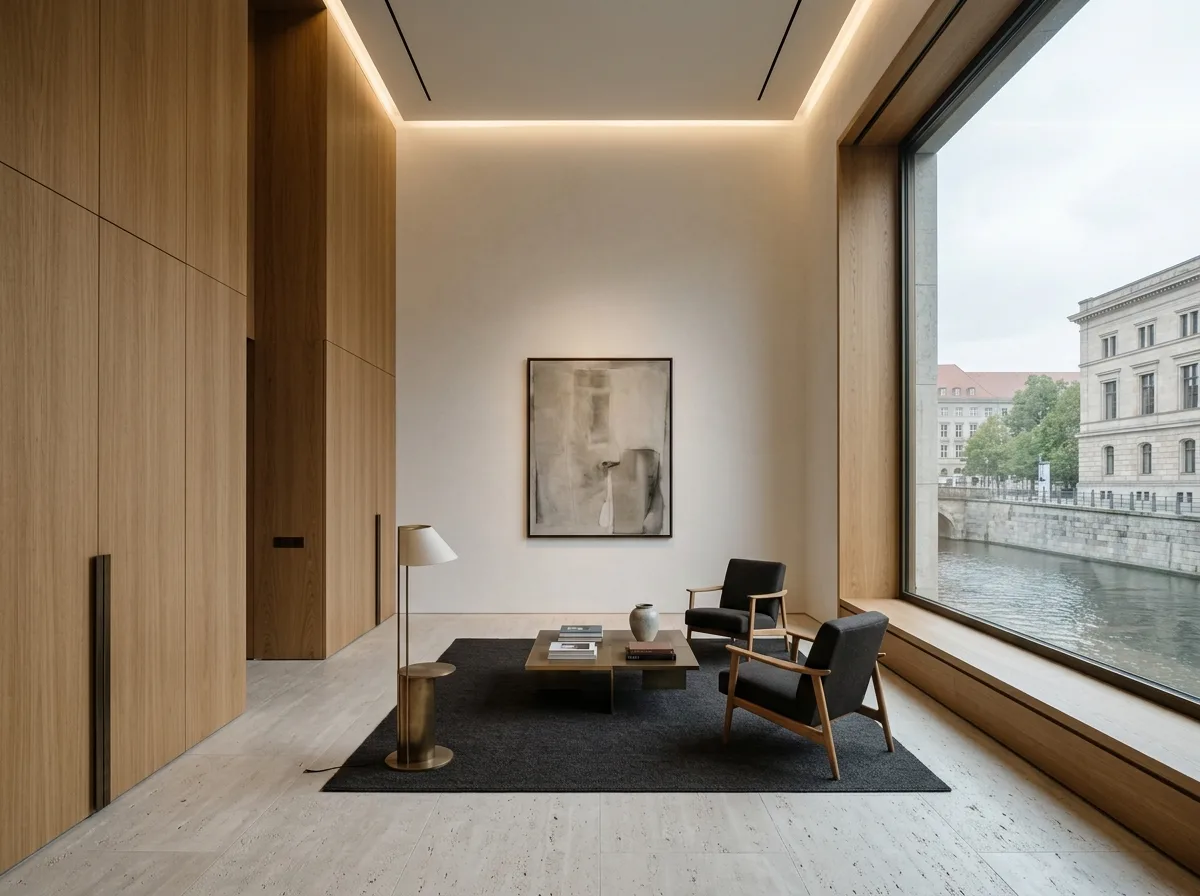 Gallery-like Urban Residence Interior: Limestone, Oak, and Bronze