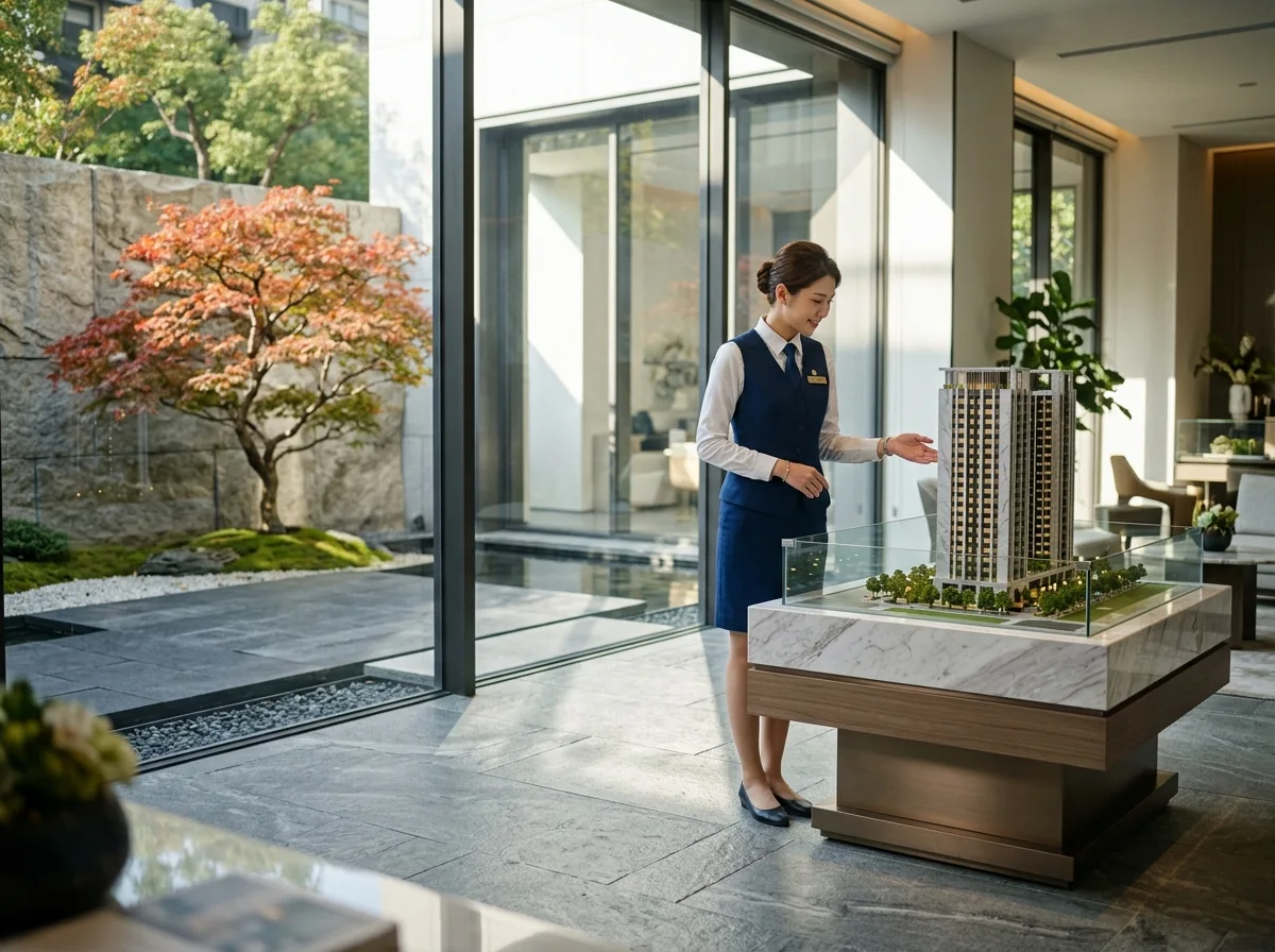 台北高級住宅販売センター：床から天井までの窓があるアトリウムと大理石の建築模型