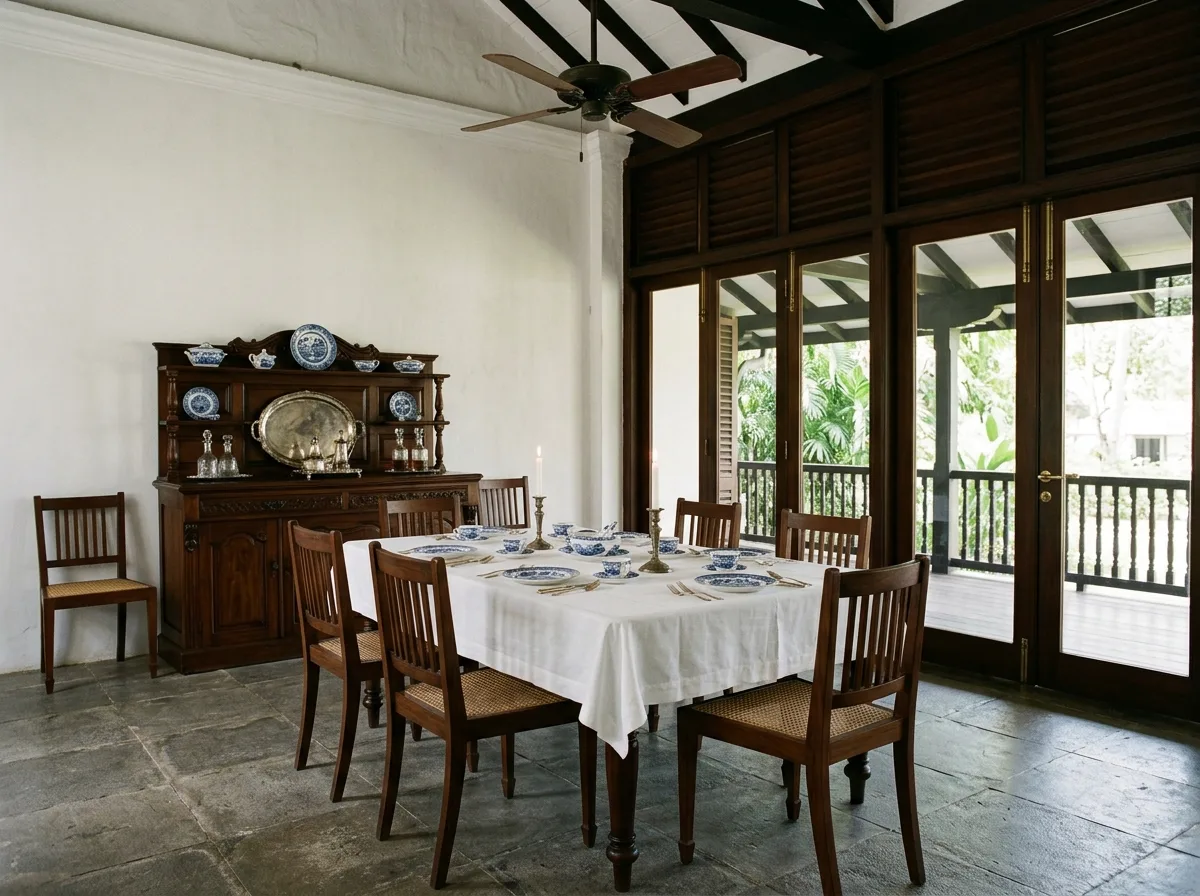 British Colonial Style • Dining Room: Long Table, Six Chairs, and White Linen