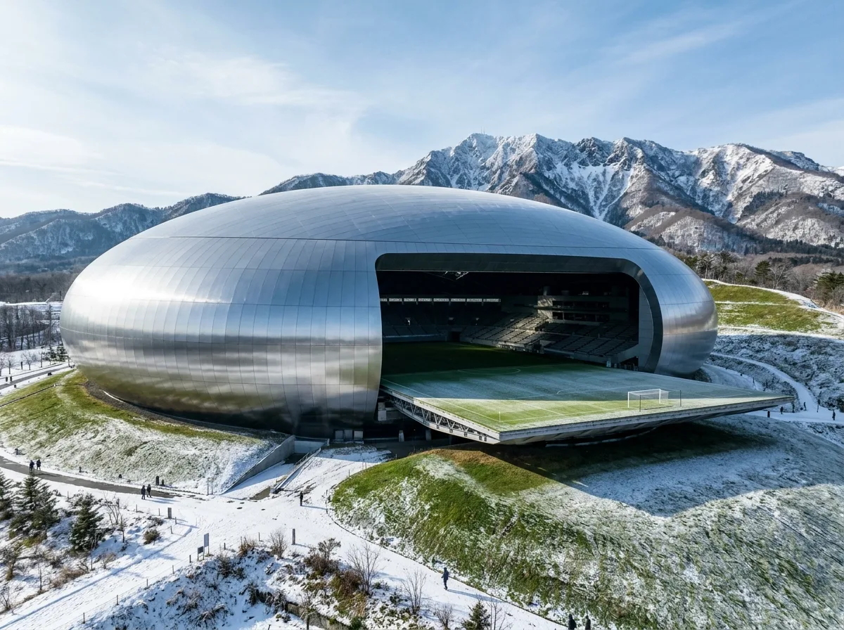 Stadium with a Giant Retractable Roof: Silver Oval and Grass Slide