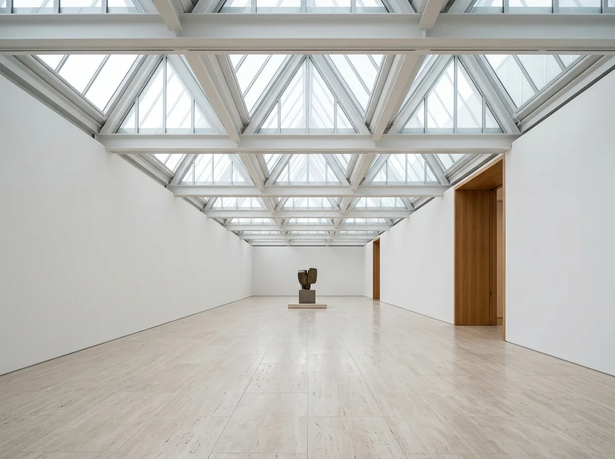 Sawtooth Skylight Exhibition Hall Interior: North Light, Travertine & Oak