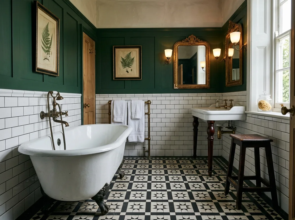 Old Money Bathroom: Grid Tiles & Vintage Brass Faucets