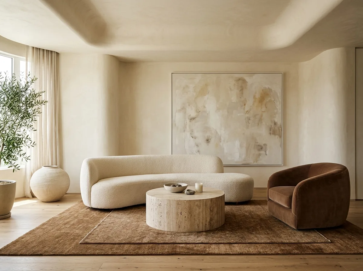 Contemporary Light Luxury - Living Room: Curved Sofa and Travertine Coffee Table