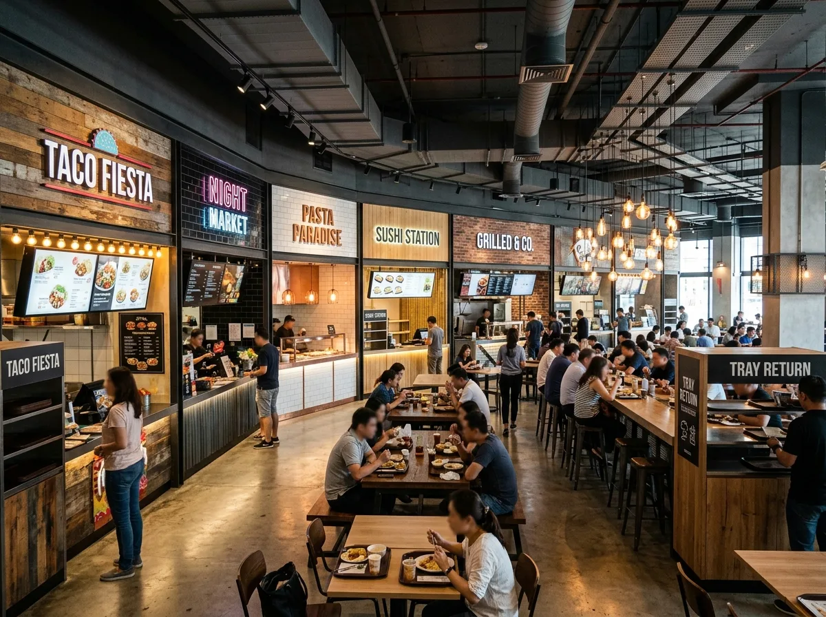 Food Court: Stall Facades and Communal Seating Area