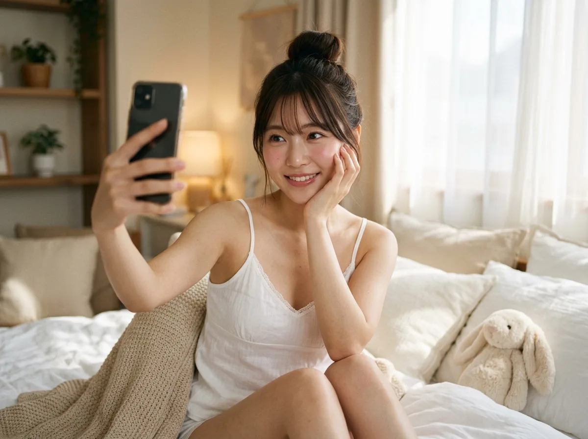 寝室の柔らかな光の自撮り：オフホワイトの寝具、薄手のカーテン、ふわふわのウサギ