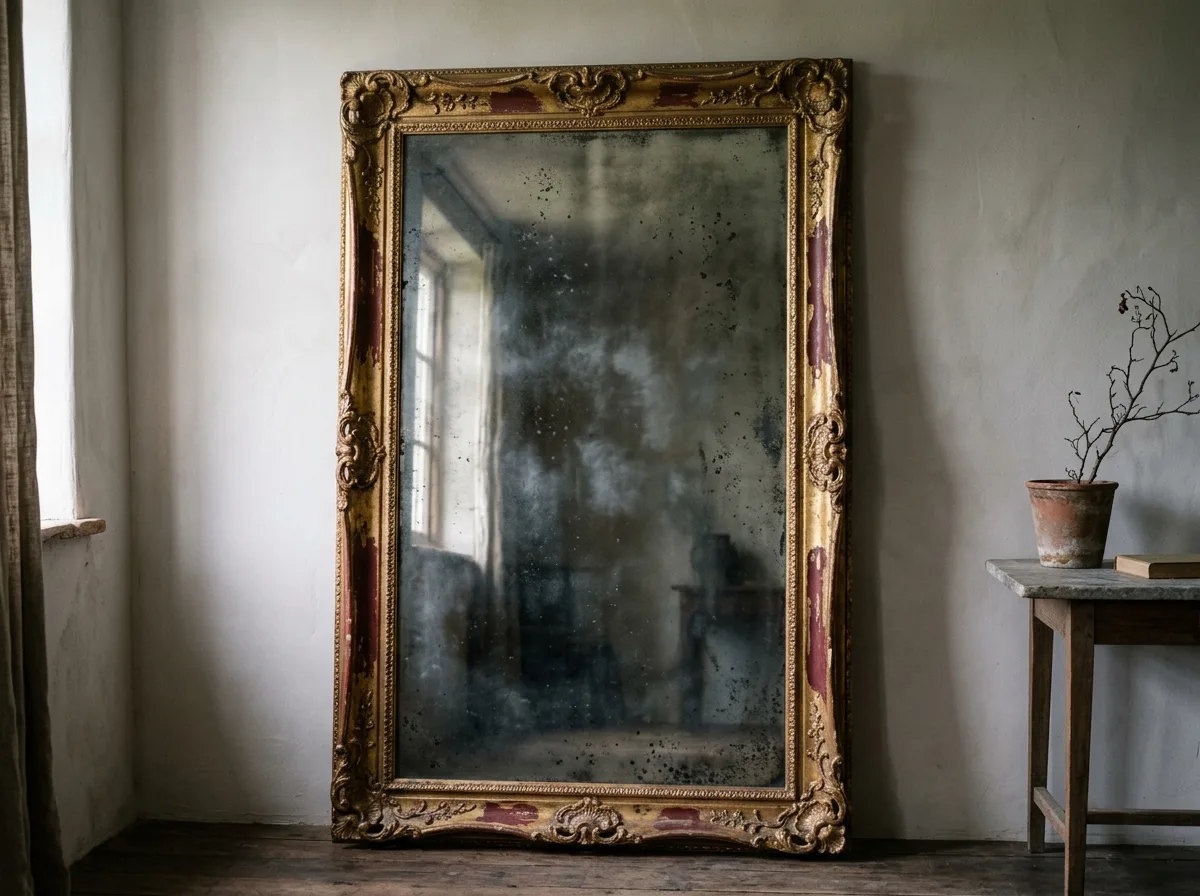 Antique Mirror: Mottled by the oxidation of the silver plating
