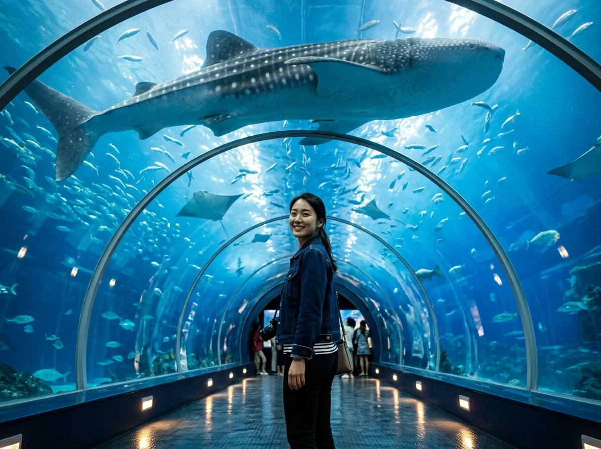 Aquarium Tunnel: A Journey Portrait with Whale Sharks Swimming Overhead