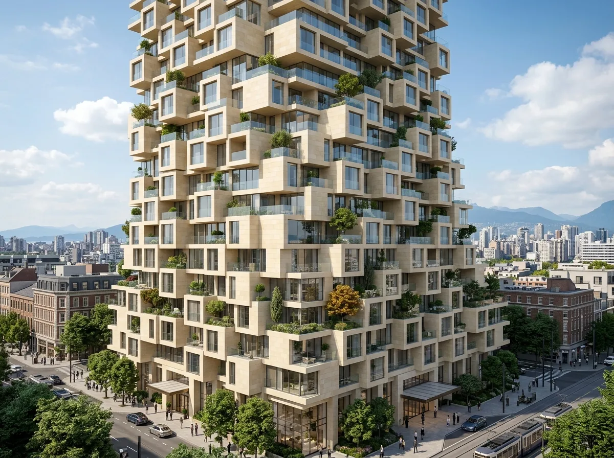 Pixelated Facade: Offset Stacked Square Balconies