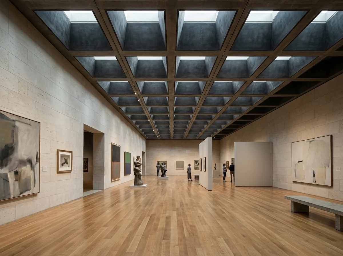 Underground Exhibition Hall Interior: Skylights, Limestone, and Quiet Connection