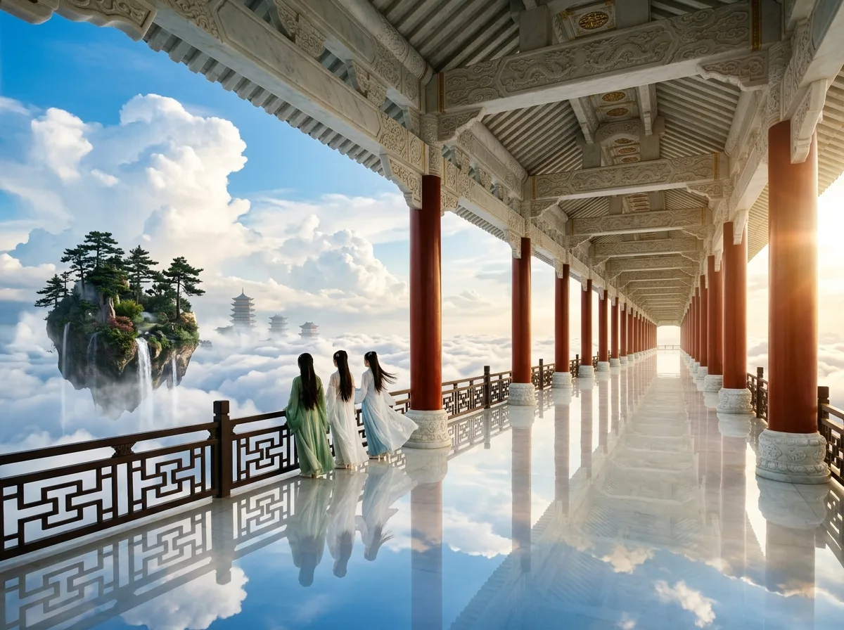Xianxia White Jade Corridor: Single-Point Perspective Sea of Clouds and Mirror Reflections
