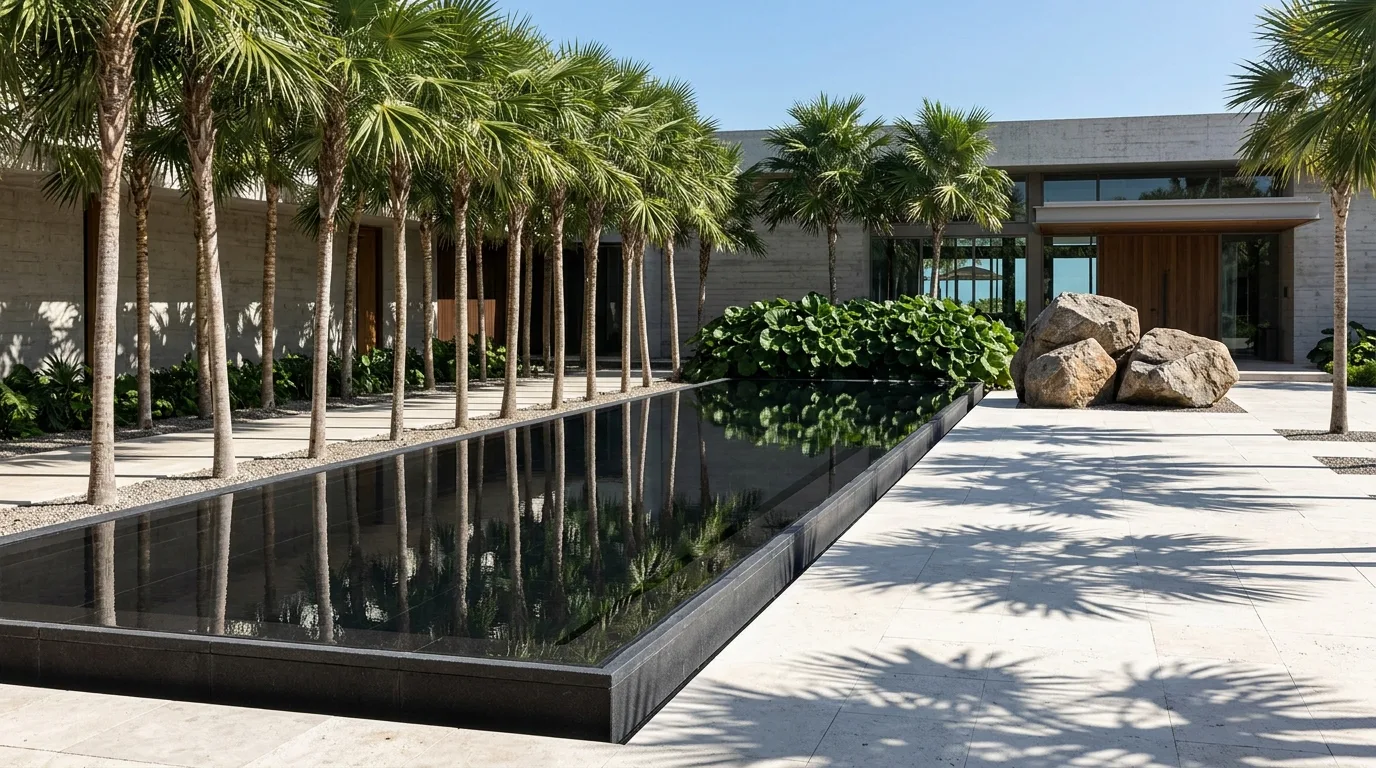 Tropical Modern Water Features: Reflections, Paving & Monoculture Trees