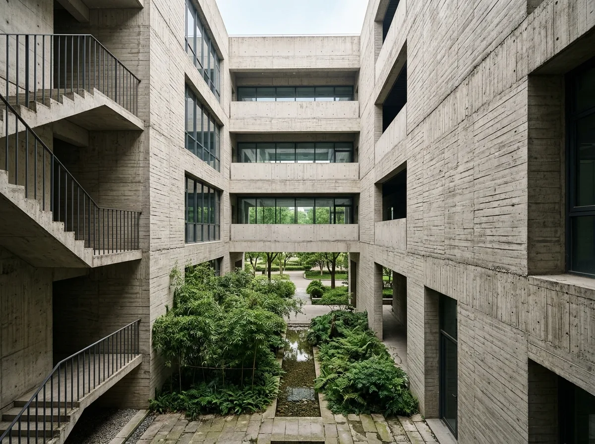 Bamboo Formwork Concrete Office Building: Rough Finish and Inner Courtyard