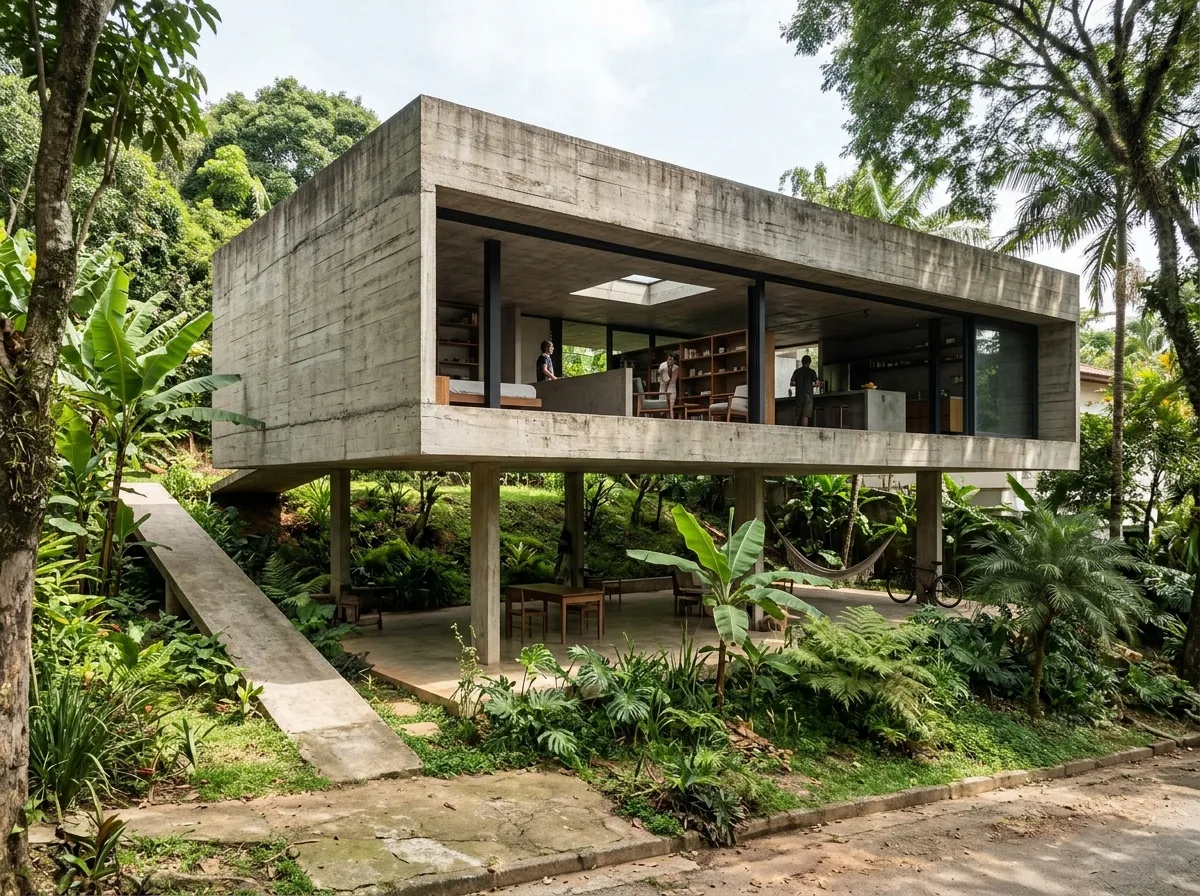 Home Supported by Four Pillars: A Suspended Concrete Box