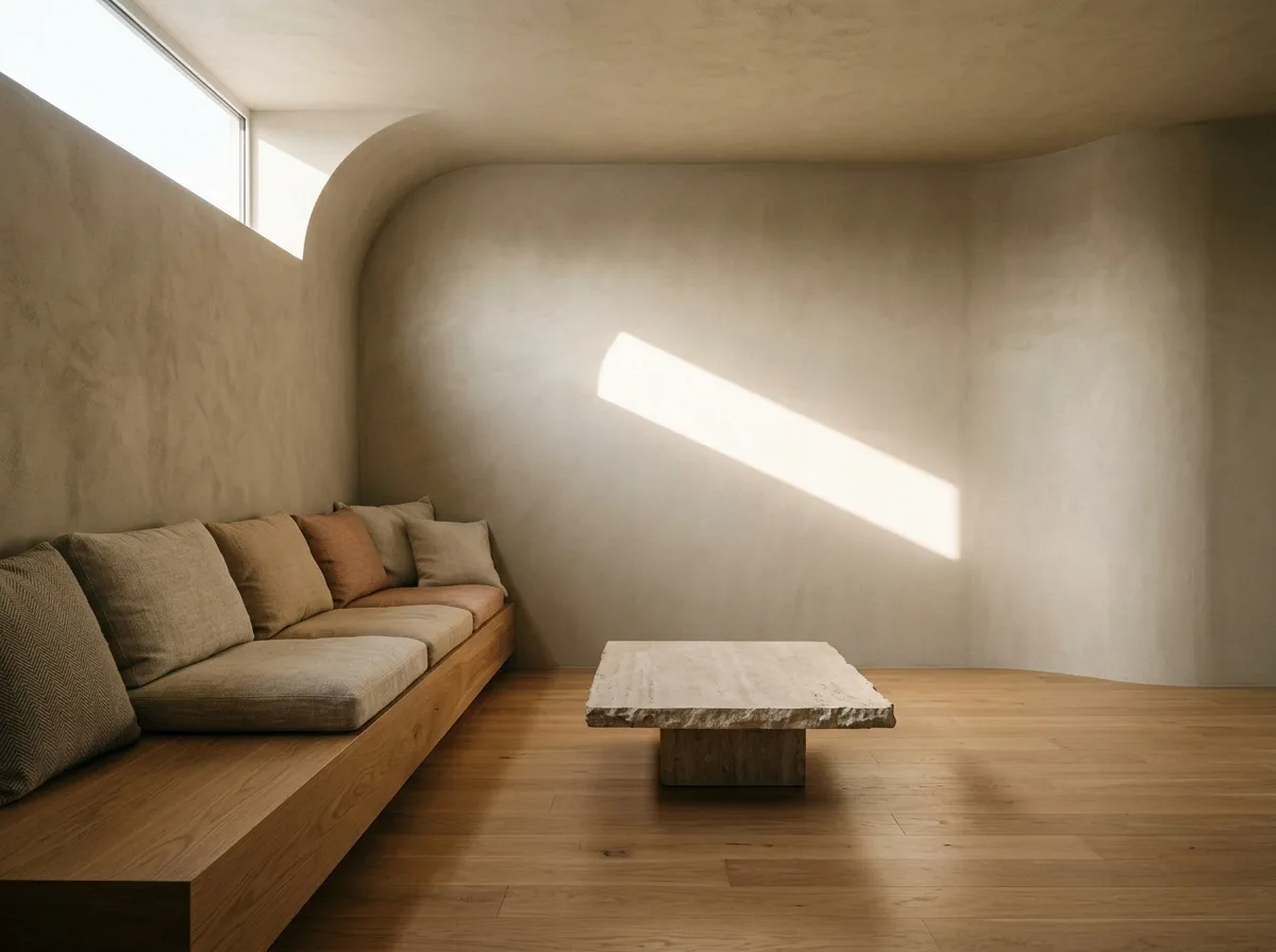 暖调现代极简・起居：一道长凳与一块光