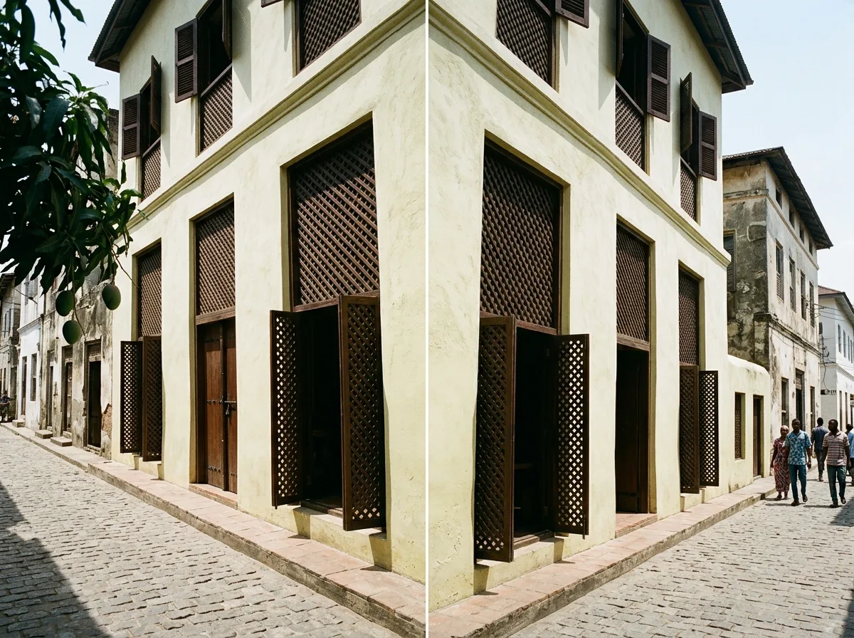 House of African Culture: White Wall Courtyard and Wooden Lattice