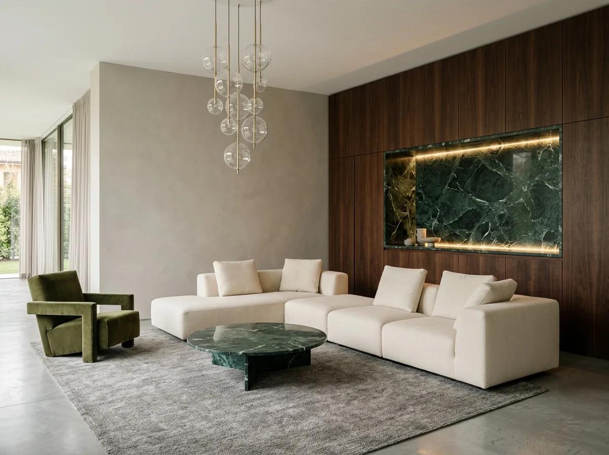 Italian Light Luxury · Living Room: Low sofa and a piece of green stone
