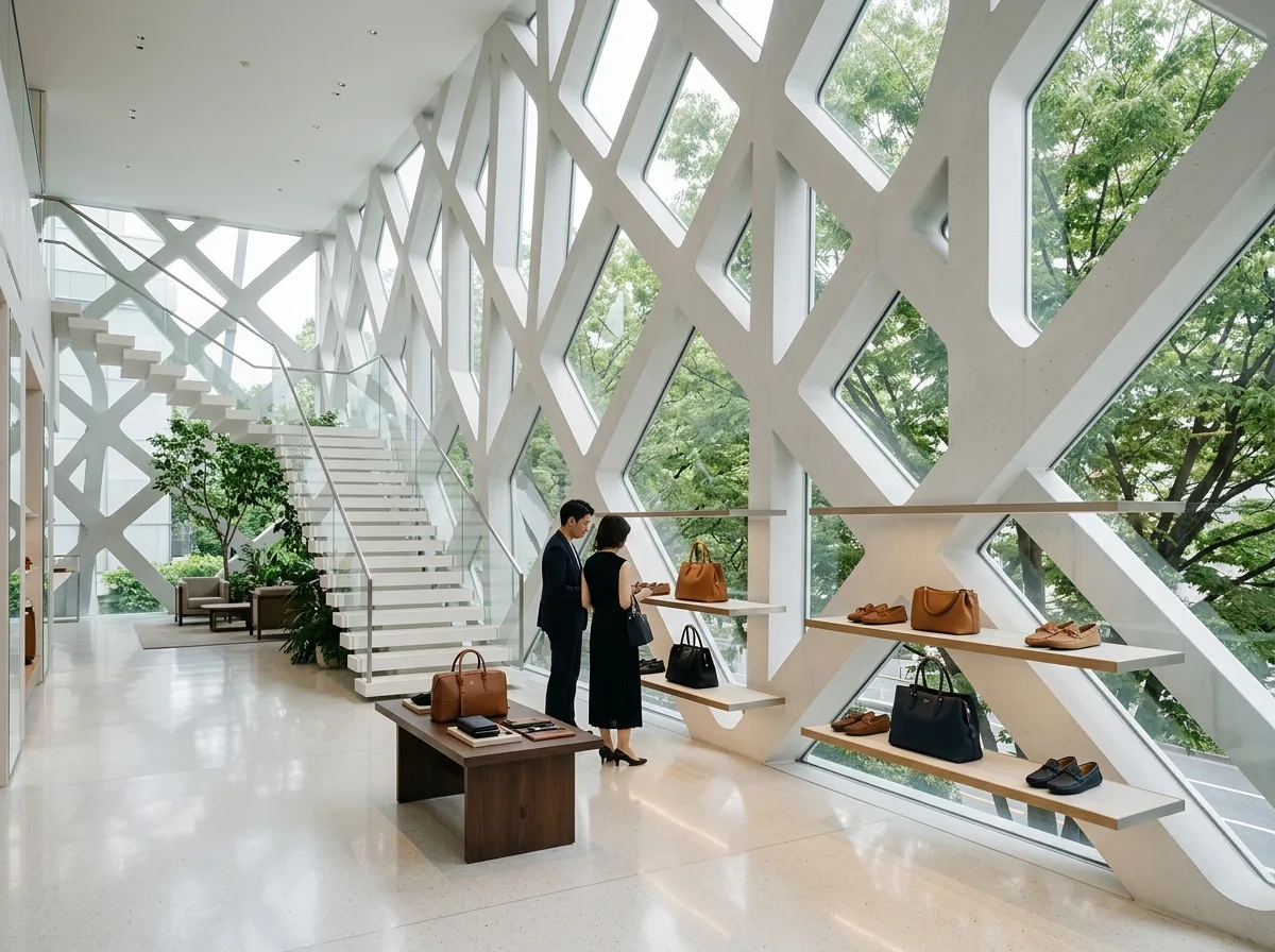 Branching Structure Flagship Store Interior: White Surfaces and Floating Staircase
