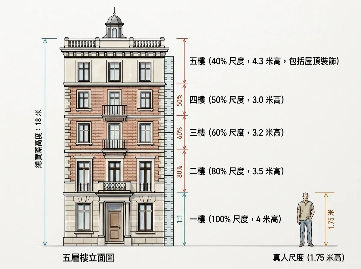 强制透视：上面的几层是假的比例