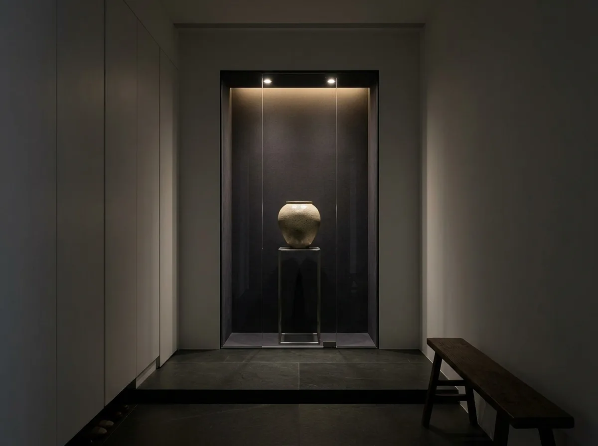 收藏展示宅玄关：玻璃柜与单件端景