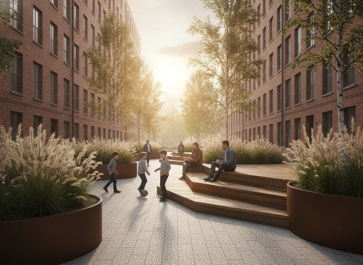 Urban Pocket Park · Twilight Eye-Level View