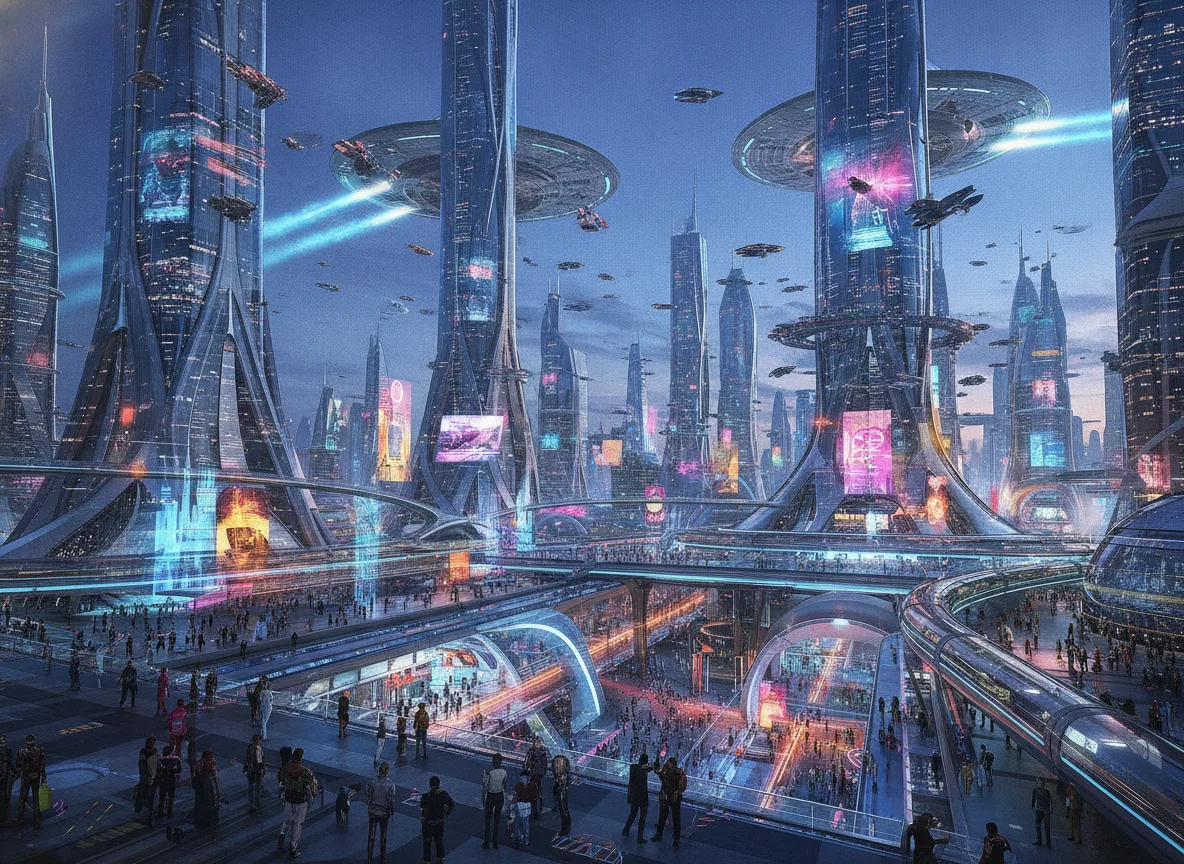 宇宙港のそばの未来都市の人々
