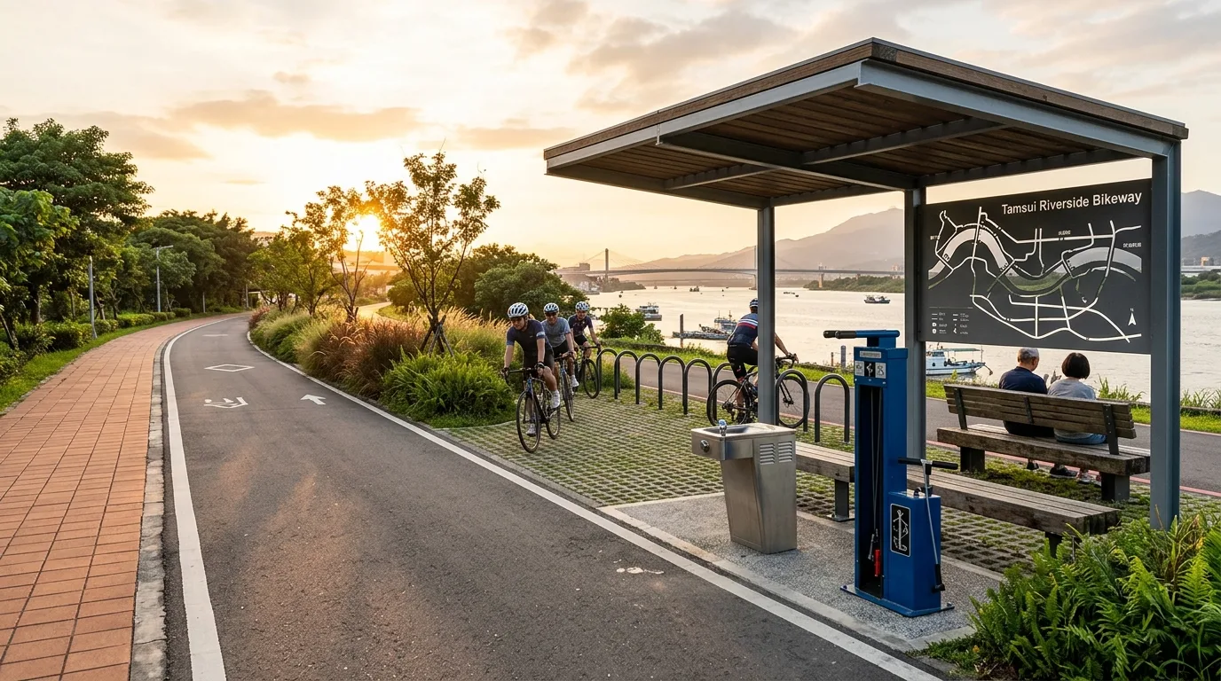 自転車道と休憩所：舗装の分岐とメンテナンス柱