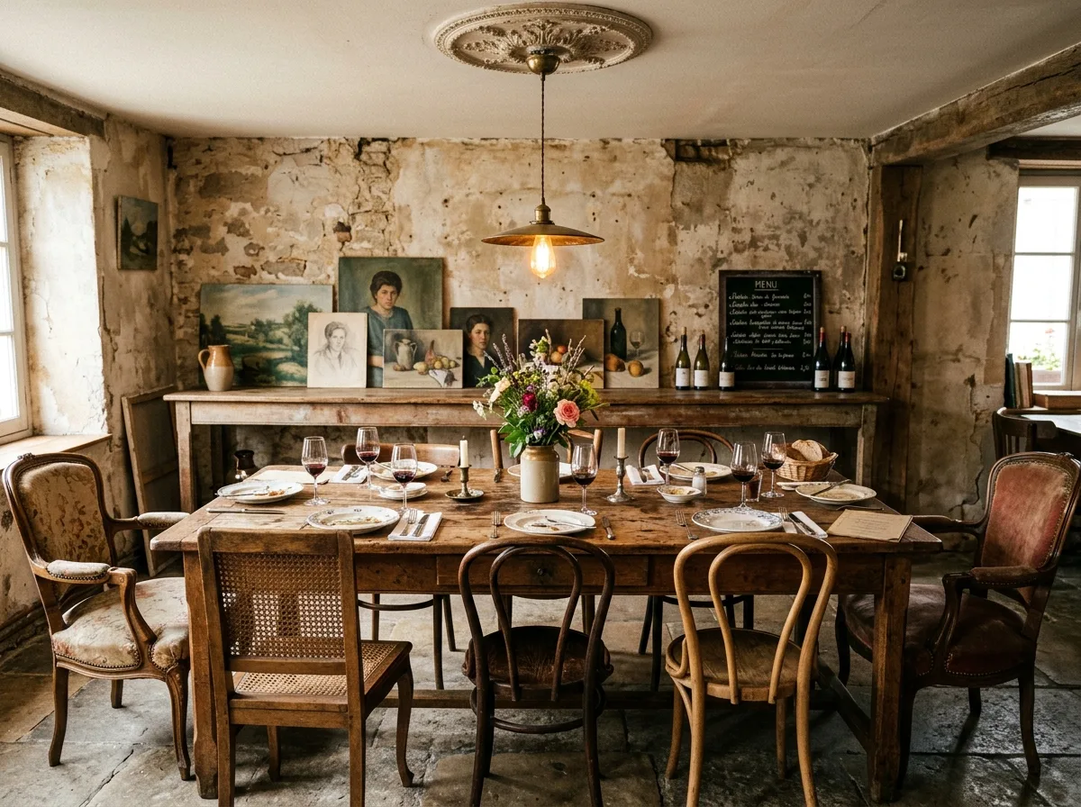 Retro French Dining Room: Old Wooden Table and Mismatched Chairs
