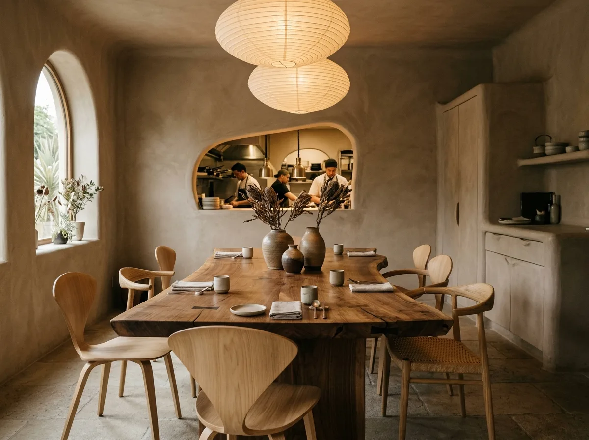 Organic Modern・Dining Room: Solid Wood Table and Pottery