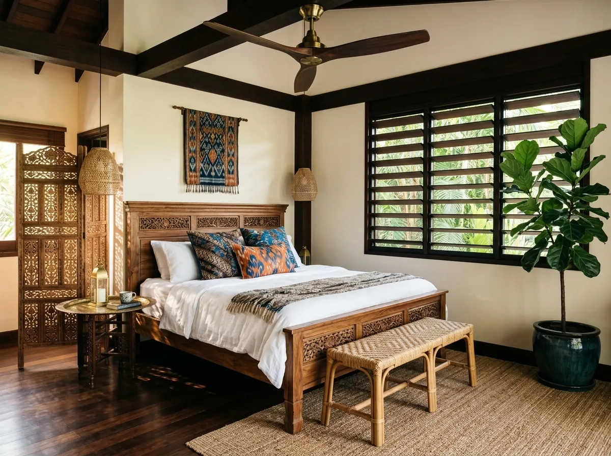 Southeast Asian Style Bedroom: Dark Wood Carved Bed and Tropical Textiles