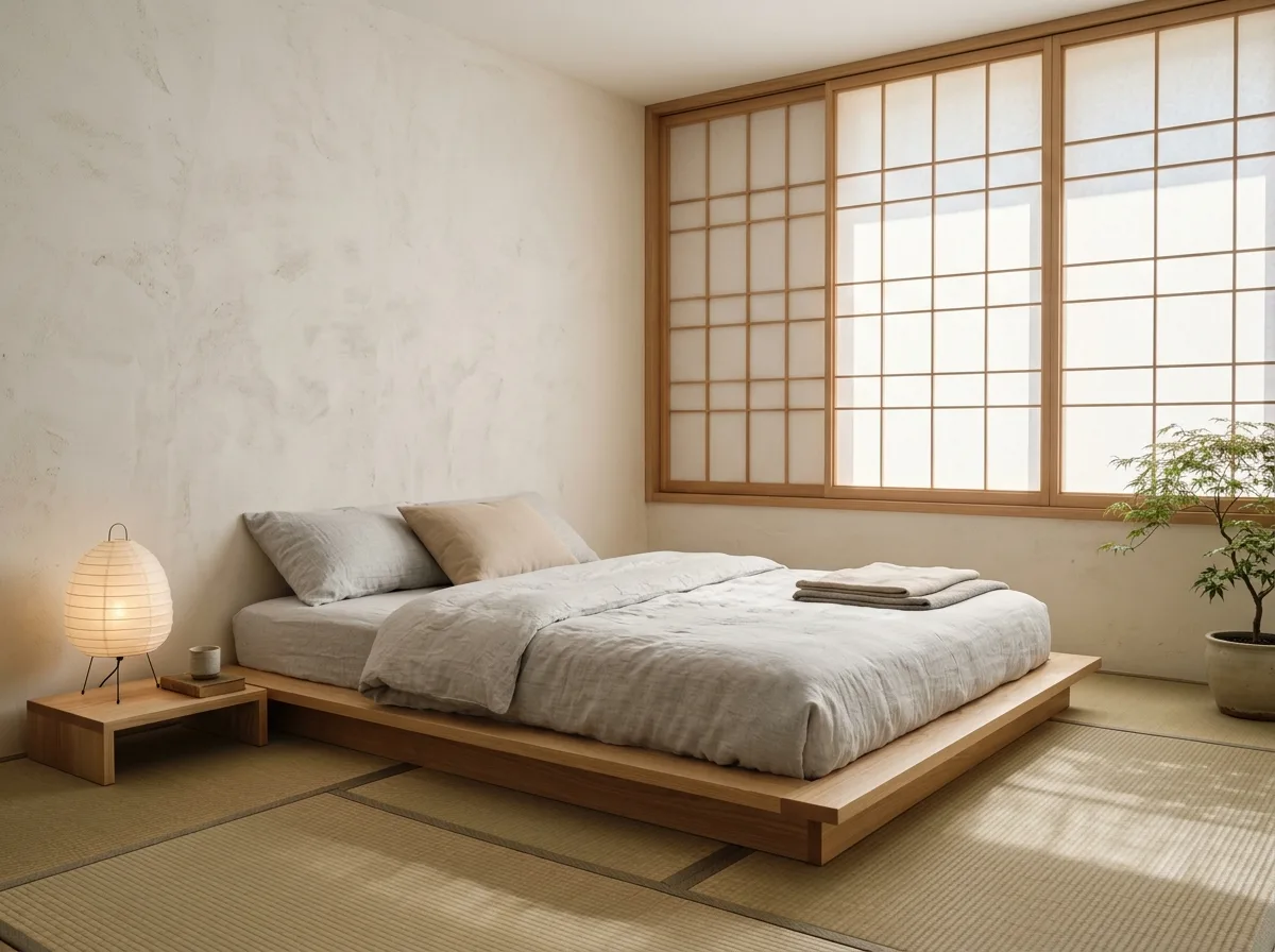 Light Japanese Style Bedroom: Low Bed and Shoji Light