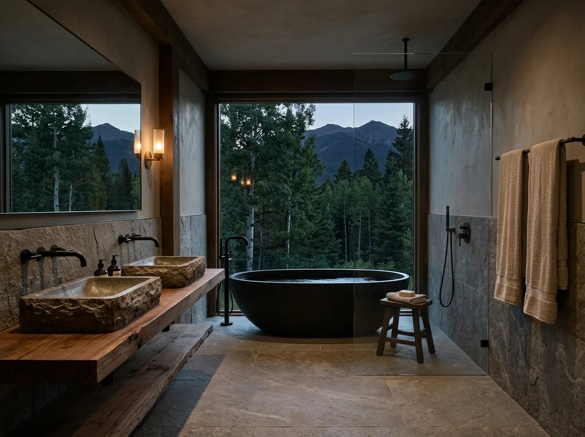 Mountain Modern Bathroom: Stone Trough, Wood Counter & Bathtub with a View