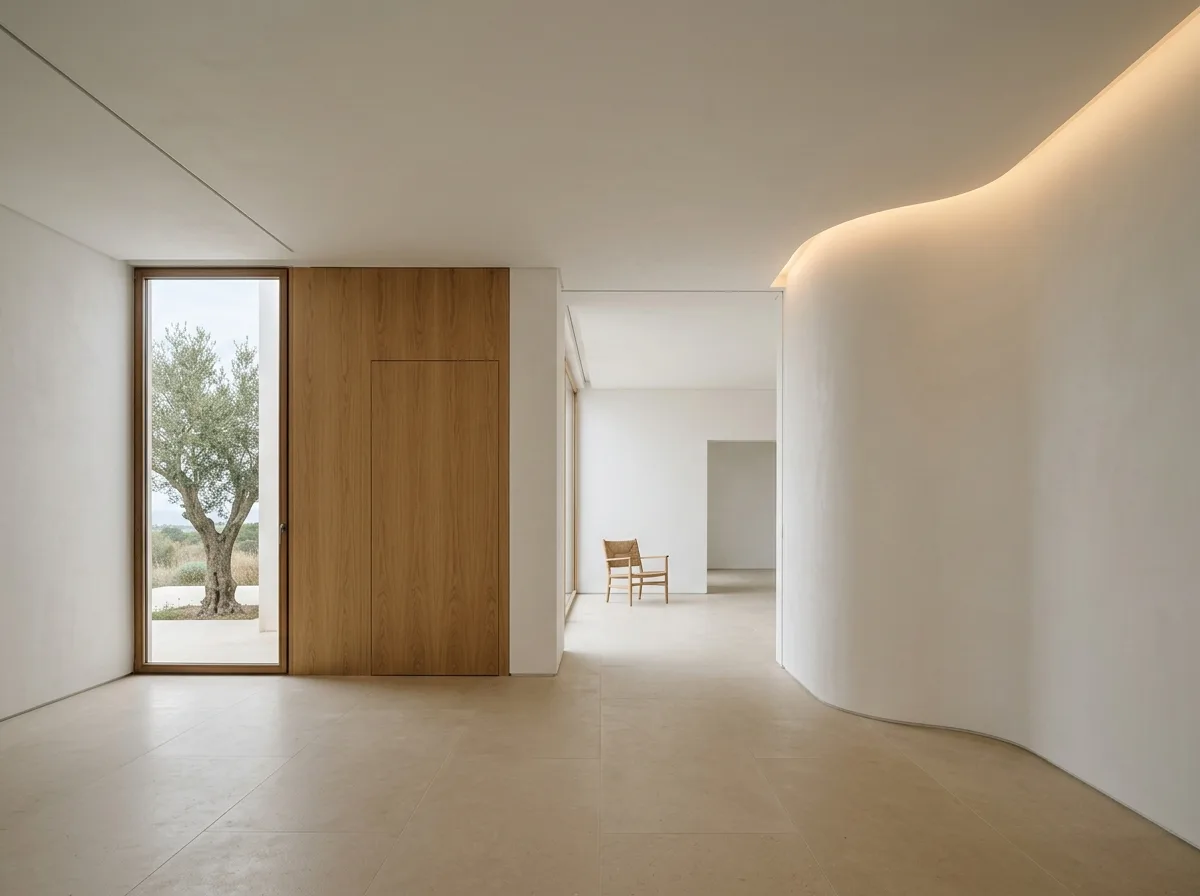 Serene Interior Sequence: White Stucco, Oak, and Precise Windows