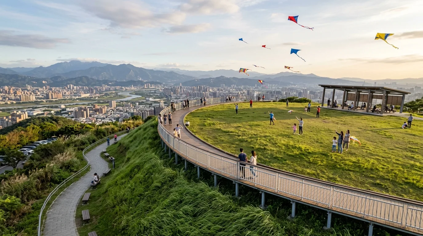 Hilltop Observation Deck & Kite Plaza: Open Grass Slopes and Distant Views