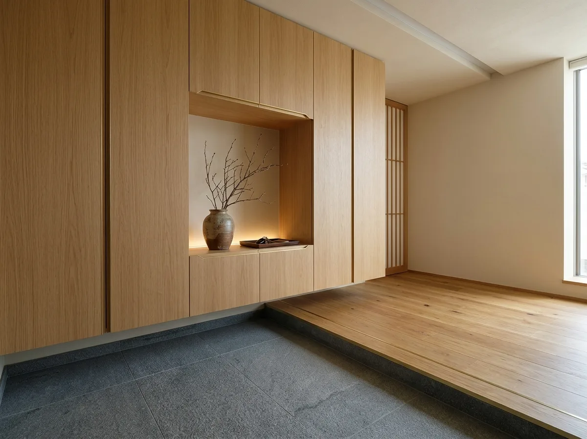 Japandi Luxe Entryway: a recess and a stone feature