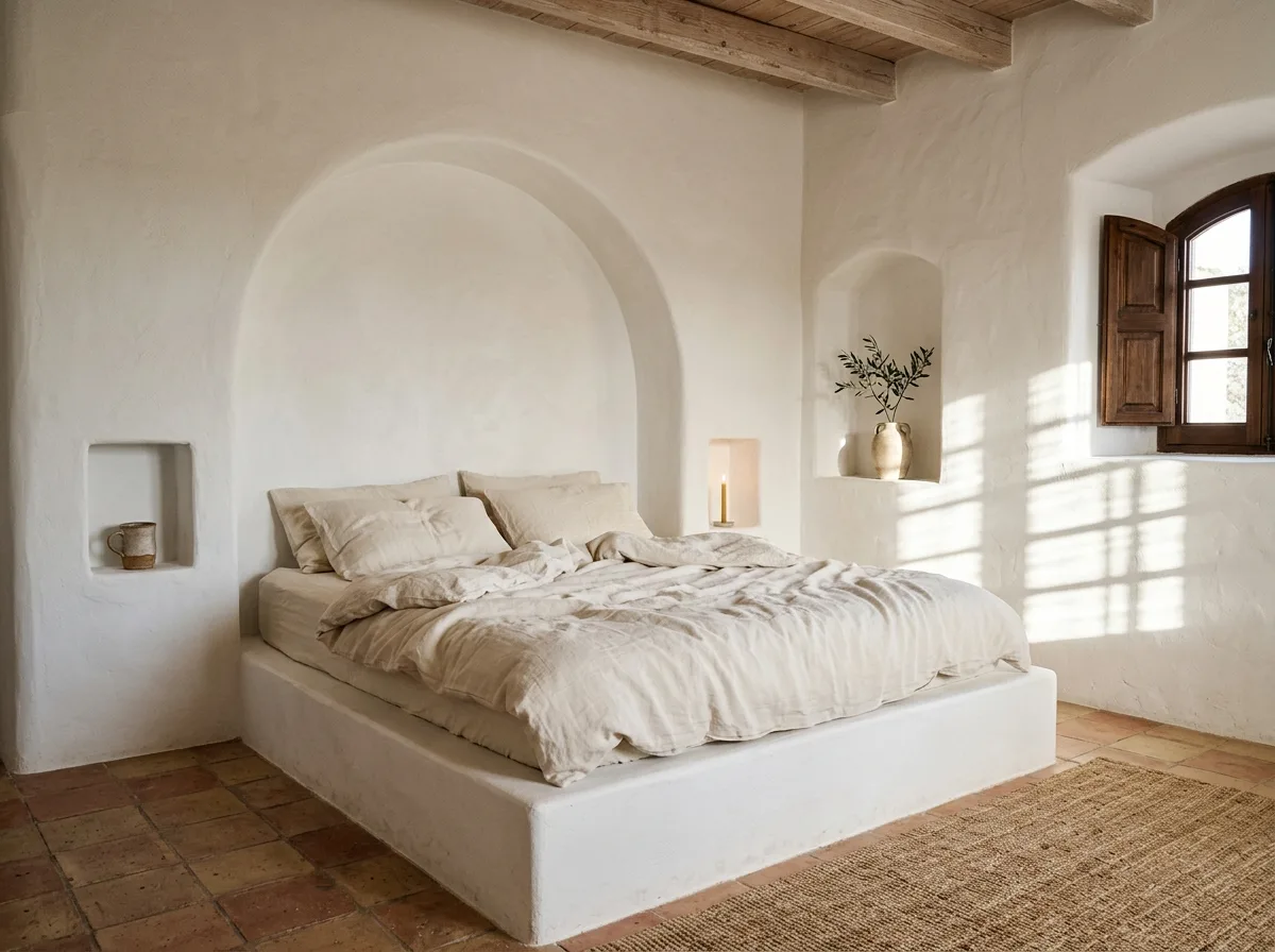 Modern Mediterranean • Master Bedroom: Low Bed and White Walls