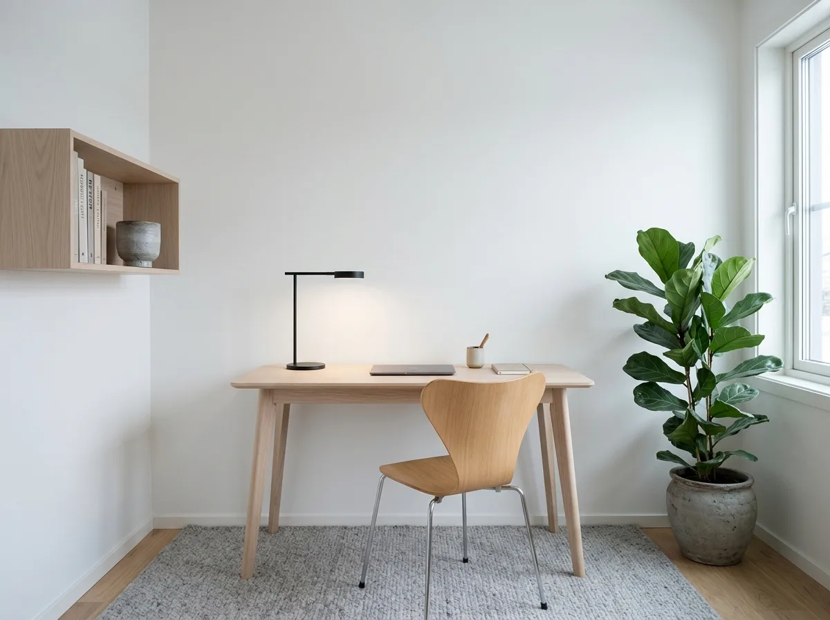Nordic Style Home Office: Light Wood Desk and White Walls with Negative Space