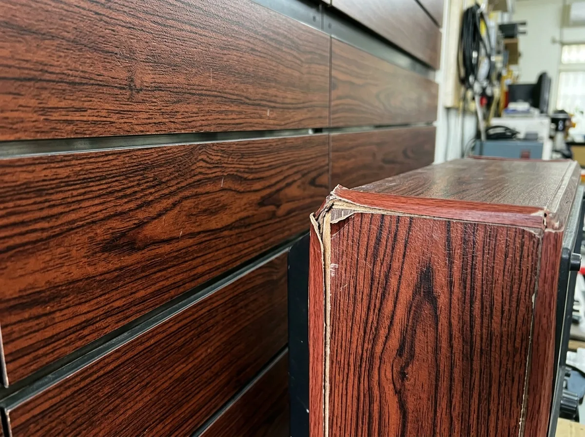 Dark wood grain laminate: 1970s equipment casing