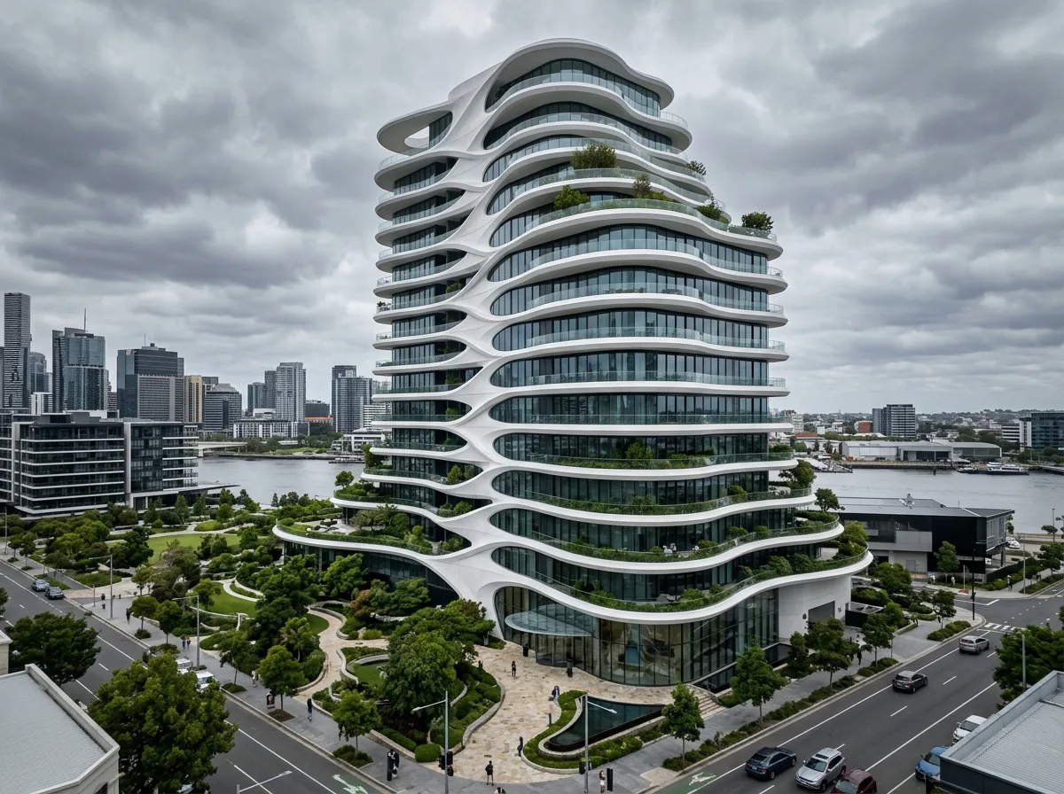 Cloud-like Flowing Geometry: White Sculptural Balconies and Continuous Curved Terraces
